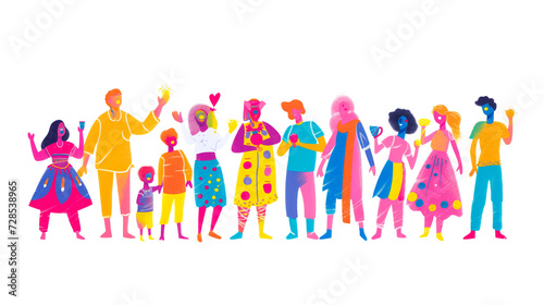 A collection of hand-drawn characters of different ages and backgrounds coming together to celebrate Holi