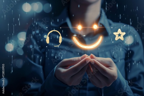 Smiley emojis happy smile beaming faces. Icon emoticons jovial considerate client communication. Interpersonal warmth touch solace symbolized Customer Assistance conversational star face expressions. photo