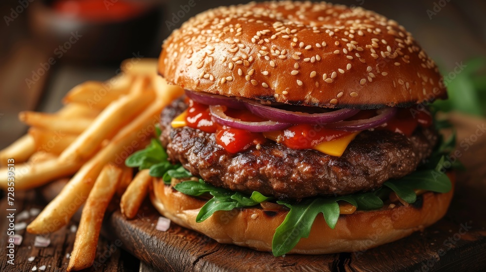 Mouthwatering Burger with Fries, a close-up of a juicy burger loaded with toppings, accompanied by golden crispy fries. Mouthwatering Burger with Fries, a close-up of a juicy burger loaded with toppings, accompanied by golden crispy fries.