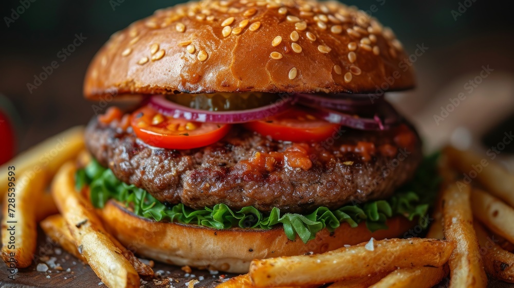 Mouthwatering Burger with Fries, a close-up of a juicy burger loaded with toppings, accompanied by golden crispy fries. Mouthwatering Burger with Fries, a close-up of a juicy burger loaded with toppings, accompanied by golden crispy fries.