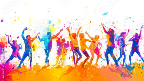 A creative sketch illustrating a lively Holi gathering with friends, showcasing characters enjoying the festival with laughter and colorful splashes on a white background photo