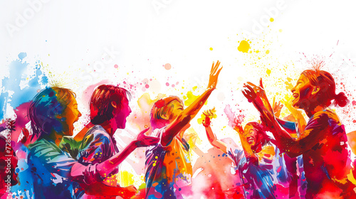 A creative sketch illustrating a lively Holi gathering with friends, showcasing characters enjoying the festival with laughter and colorful splashes on a white background