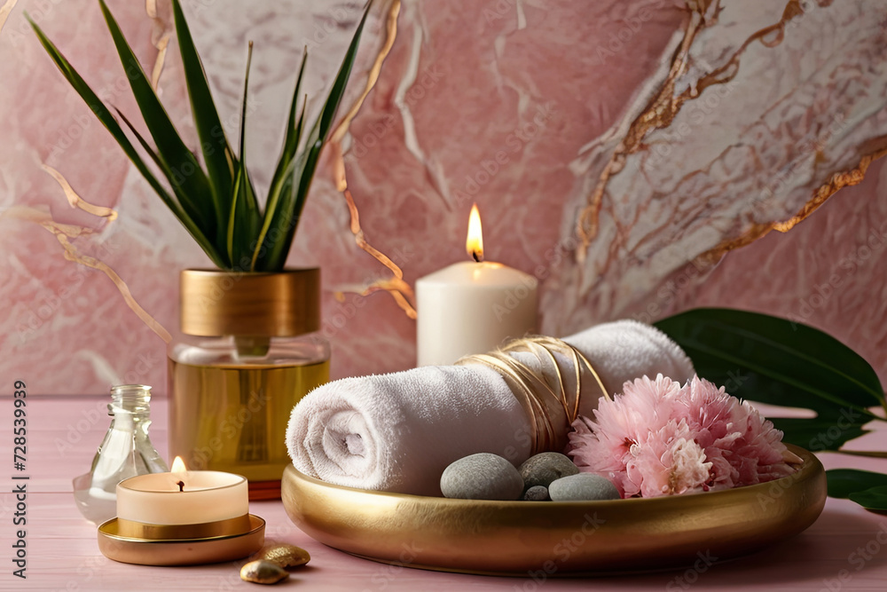 Pamper essentials. Spa items on pink table, gold marble backdrop. Massage stones, oils, sea salt, candles. Relaxation ambiance. 
