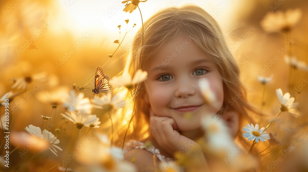 Sunny caucasian kid in summer floral field with butterflies enjoyng nature on holiday vacations looking up and smilling happily at golden hour