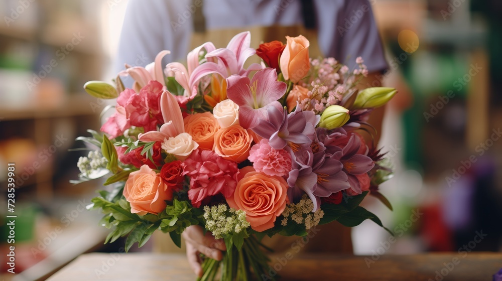 Florist holding flowers bouquet in hands. Bouquet of flowers in hand Florist holding flowers bouquet in hands. Bouquet of flowers in hand
