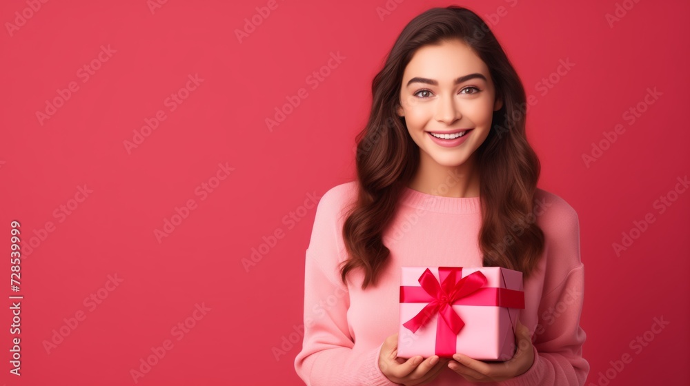 Young woman hold gift box on red backdrop. Smiling young woman with present box. Valentines day Young woman hold gift box on red backdrop. Smiling young woman with present box. Valentines day