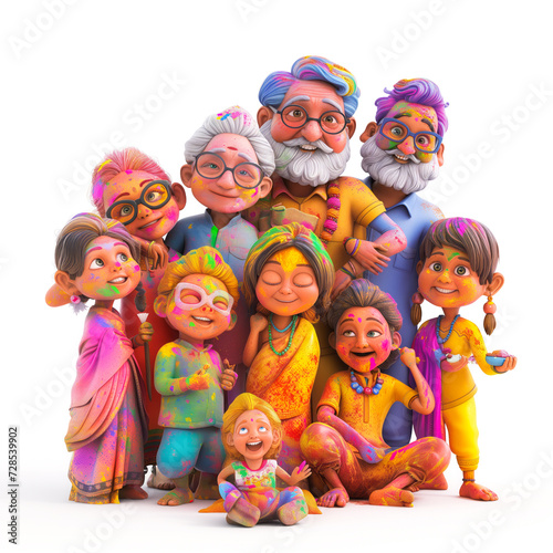 A dynamic 3D representation of funny characters playing Holi, including males, females, and kids