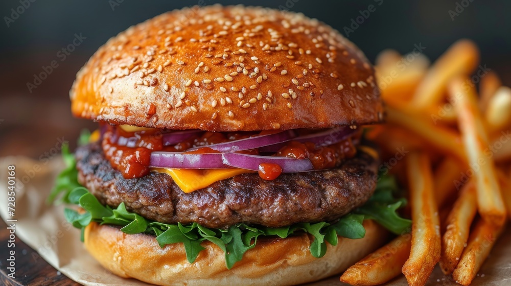 Mouthwatering Burger with Fries, a close-up of a juicy burger loaded with toppings, accompanied by golden crispy fries. Mouthwatering Burger with Fries, a close-up of a juicy burger loaded with toppings, accompanied by golden crispy fries.