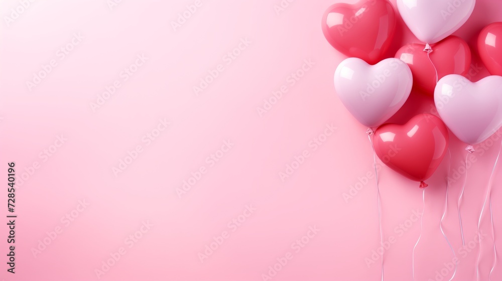 Heart shaped balloons on pink backdrop. Pink and red air balloons in heart shape. Valentines day