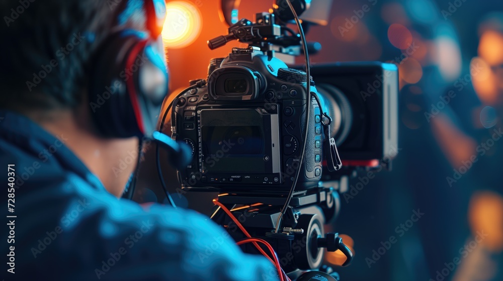 Close up profile headshot photo of Video camera man operator with equipment at night work