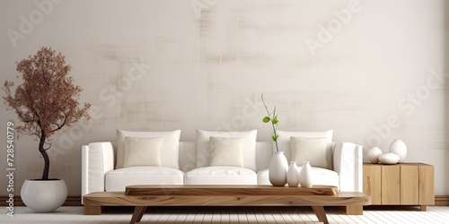 Contemporary living room with wood table and white couch