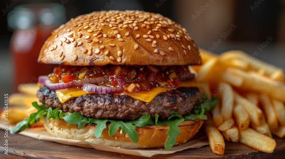 Mouthwatering Burger with Fries, a close-up of a juicy burger loaded with toppings, accompanied by golden crispy fries. Mouthwatering Burger with Fries, a close-up of a juicy burger loaded with toppings, accompanied by golden crispy fries.