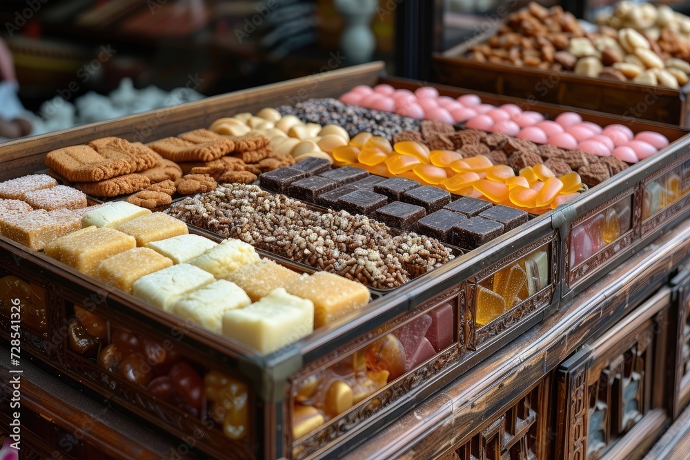 A large gift box filled with a variety of chocolates and cookies professional advertising food photography