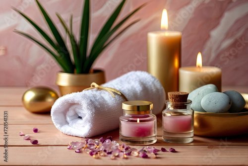 Pamper essentials. Spa items on pink table  gold marble backdrop. Massage stones  oils  sea salt  candles. Relaxation ambiance. 