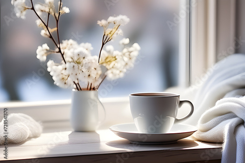 Details of a still life in the living room of a home interior. White cup of coffee and scarf near a frozen window. Cozy spring winter concept. Playground AI platform