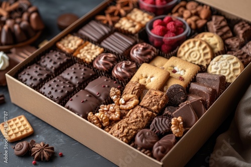 A large gift box filled with a variety of chocolates and cookies professional advertising food photography