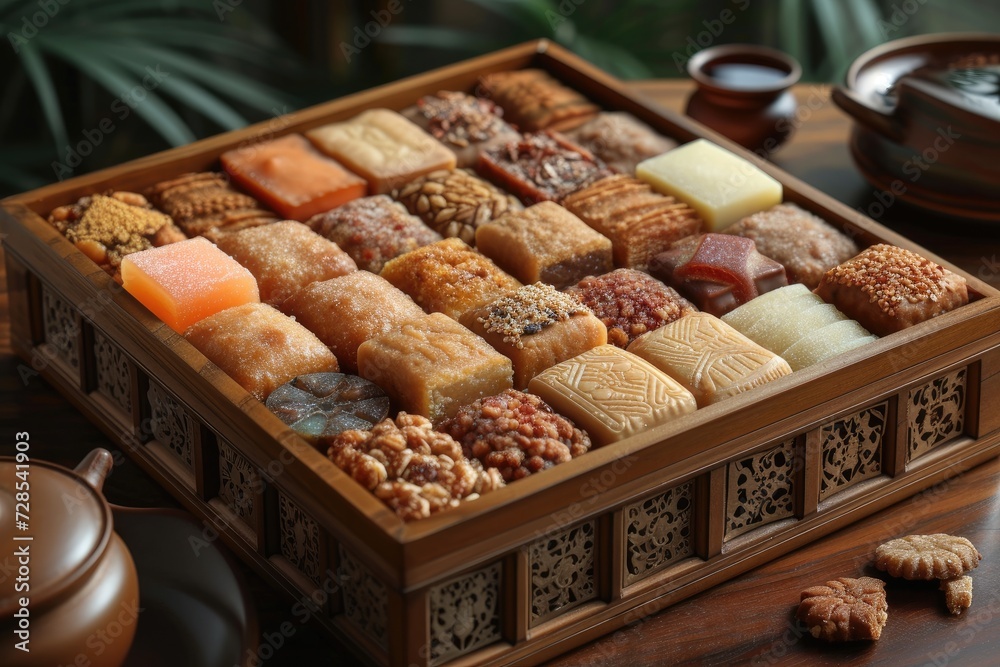 A large gift box filled with a variety of chocolates and cookies professional advertising food photography