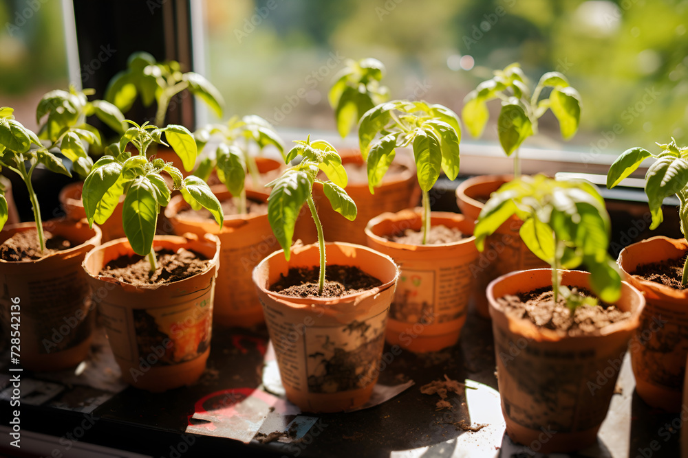 Tomato or pepper plants growing in biodegradable cups made of old newspapers on the windowsill Eco concept