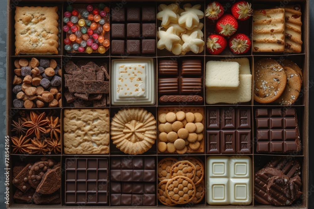A large gift box filled with a variety of chocolates and cookies professional advertising food photography A large gift box filled with a variety of chocolates and cookies professional advertising food photography