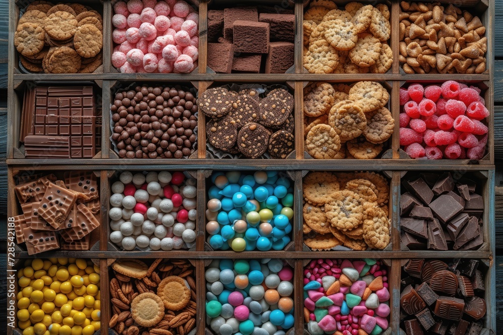 A large gift box filled with a variety of chocolates and cookies professional advertising food photography