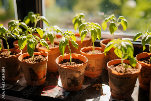 Tomato or pepper plants growing in biodegradable cups made of old newspapers on the windowsill Eco concept © Lena_viridis