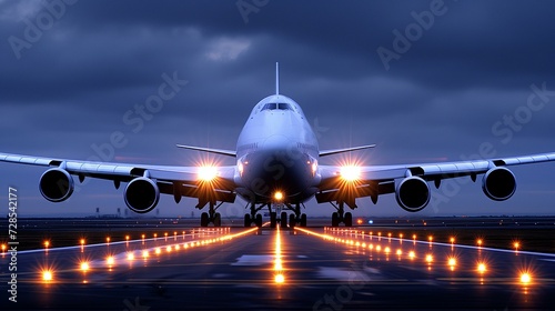 Commercial Airplane on Illuminated Runway at Nigh