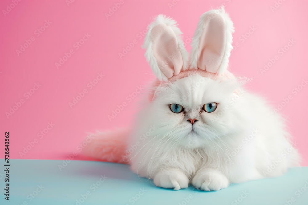 white persian cat in a Easter bunny costume on a pastel background