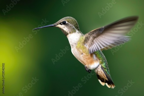 A hummingbird flying in the air with its wings spread. Perfect for nature and wildlife enthusiasts