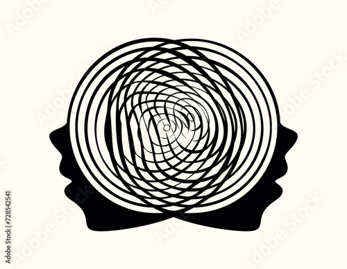 Two human profiles, metaphor connected thoughts. Isolated image of a human head, abstraction of the mind, mental processes in relationships, interaction. Black and white graphics, vector illustration.