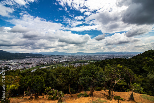 Spectacular landscape view of Kyoto city, view from above, cloudy sky during a summer day. Authentic Japanese landscape, urban tranquility vibe. Horizontal image