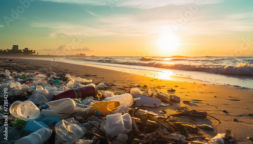 The beach at sunset is full of garbage and plastic