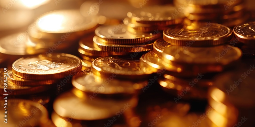 A pile of gold coins sitting on top of a table. Perfect for financial concepts and investment themes A pile of gold coins sitting on top of a table. Perfect for financial concepts and investment themes