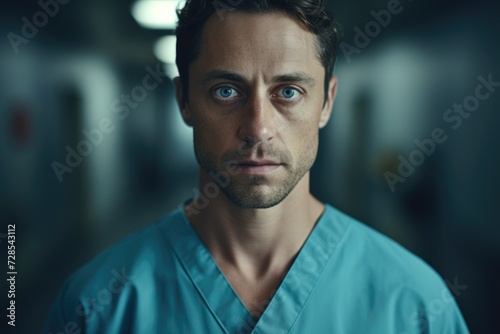 A man wearing scrubs is looking directly at the camera. This image can be used to represent healthcare professionals, medical personnel, or a doctor's perspective