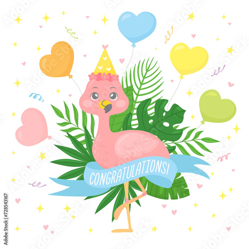 Cute pink flamingo in a festive hat with tropical leaves, balloons, ribbon, stars, confetti. Funny character in a hand-drawn cartoon style. Print for childrens T-shirts, greeting card, poster