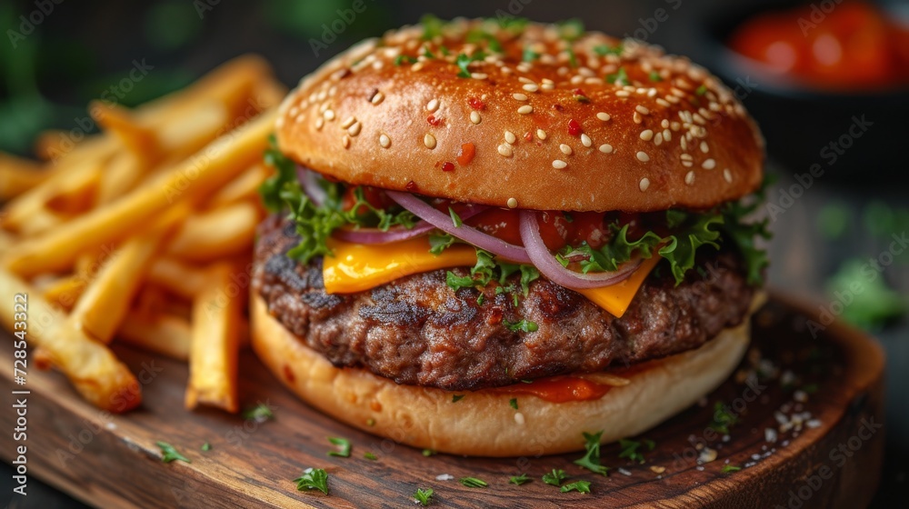 Mouthwatering Burger with Fries, a close-up of a juicy burger loaded with toppings, accompanied by golden crispy fries. Mouthwatering Burger with Fries, a close-up of a juicy burger loaded with toppings, accompanied by golden crispy fries.