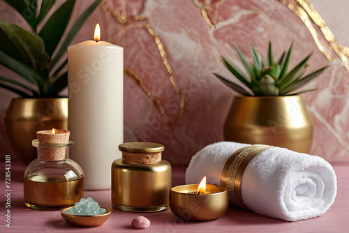 Pamper essentials. Spa items on pink table, gold marble backdrop. Massage stones, oils, sea salt, candles. Relaxation ambiance. 
