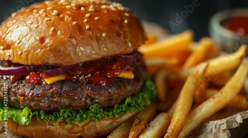 Mouthwatering Burger with Fries, a close-up of a juicy burger loaded with toppings, accompanied by golden crispy fries.