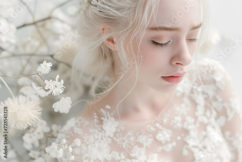 Portrait of a fair woman with platinum blond hair in a wedding dress among the delicate white flowers. 