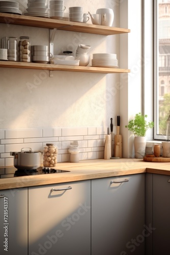 A kitchen counter filled with a variety of dishes. Perfect for illustrating a busy household or showcasing cooking and meal preparation. © Fotograf