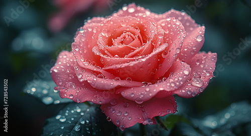 Close-up of a dew-covered pink rose against a blurred blue background.