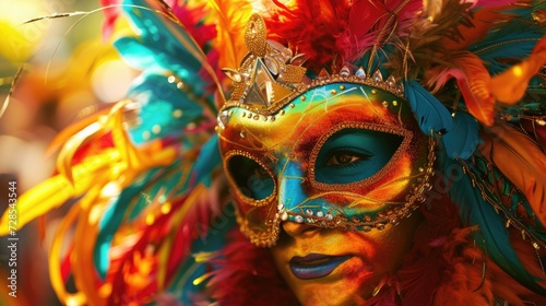 Close up of a person wearing a colorful mask. Perfect for costume parties and masquerade events © Fotograf
