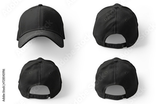 A set of four black baseball caps on a white background. Perfect for sports teams, outdoor activities, or casual wear