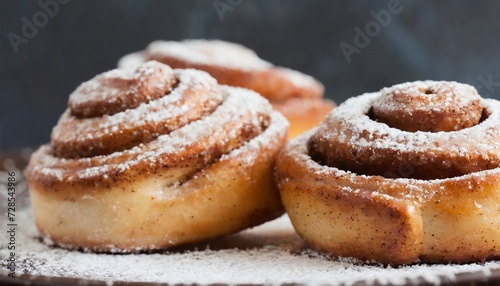 Close-up of cinnamon buns with powdered sugar. Fresh bakery.
