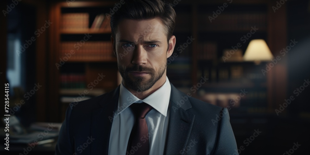 A man wearing a suit and tie standing in a dark room. Suitable for business and professional concepts A man wearing a suit and tie standing in a dark room. Suitable for business and professional concepts