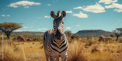 A zebra standing in the middle of a field. Suitable for nature and wildlife concepts #728544100