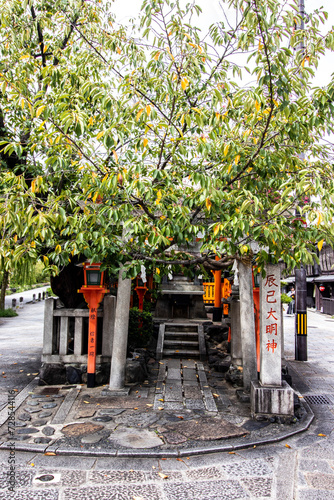 Close-up of an ancient temple in Japan, with mature green tree, in a middle street of Kyoto, authentic Japanese streets, vertical image