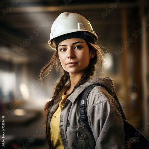 A confident female construction worker wearing a hard hat and work gear stands in a welllit industrial setting