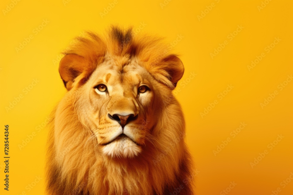 Close-up view of a lion on a vibrant yellow background. Perfect for adding a touch of wildlife to any design or project