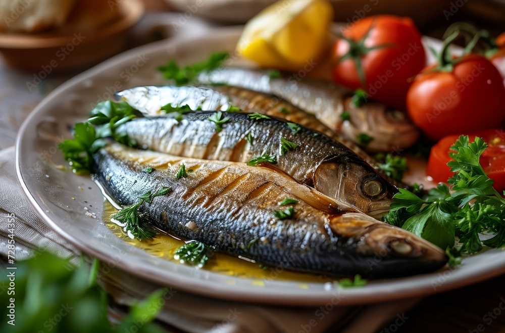 A mouthwatering dish of fish and vegetables expertly prepared and served on a table A mouthwatering dish of fish and vegetables expertly prepared and served on a table