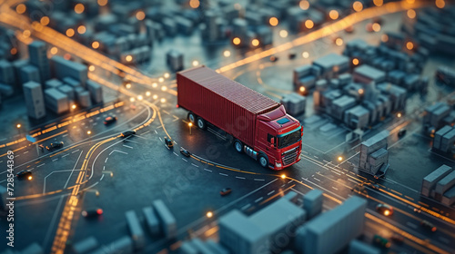 Container-laden truck on map—GPS tracking unveils real-time journey. Precision and efficiency converge as technology monitors the seamless transport route. photo